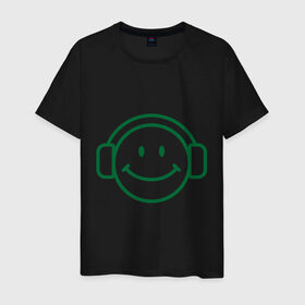 Мужская футболка хлопок с принтом Смайл в наушниках в Новосибирске, 100% хлопок | прямой крой, круглый вырез горловины, длина до линии бедер, слегка спущенное плечо. | smile | наушники | смайл | смайлик | улыбка