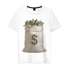Мужская футболка хлопок с принтом Мешок денег в Новосибирске, 100% хлопок | прямой крой, круглый вырез горловины, длина до линии бедер, слегка спущенное плечо. | dollars | бабло | баксы | валюта | деньги | доллары | мешок денег | много денег | работа | работать