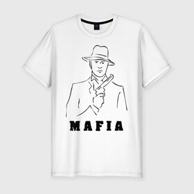 Мужская футболка премиум с принтом Мафия в Новосибирске, 92% хлопок, 8% лайкра | приталенный силуэт, круглый вырез ворота, длина до линии бедра, короткий рукав | бандит | гангстер | клан | мафиозе | мафия | оружие | пистолет | шляпа