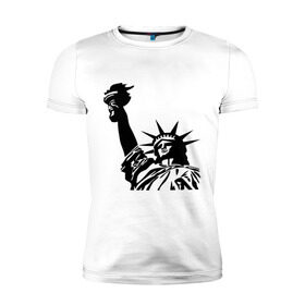 Мужская футболка премиум с принтом Статуя свободы в Новосибирске, 92% хлопок, 8% лайкра | приталенный силуэт, круглый вырез ворота, длина до линии бедра, короткий рукав | freedom | америка | символ америки | статуя | статуя свободы | статуя свободы в ny.штаты | сша