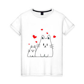 Женская футболка хлопок с принтом Кошачья любовь в Новосибирске, 100% хлопок | прямой крой, круглый вырез горловины, длина до линии бедер, слегка спущенное плечо | коты | кошачья любовь | кошки | любовь | сердце | чувства