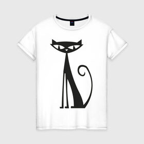 Женская футболка хлопок с принтом Элегантная кошечка в Новосибирске, 100% хлопок | прямой крой, круглый вырез горловины, длина до линии бедер, слегка спущенное плечо | cat | киса | кошечка | кошка | кошки | элегантная кошка