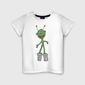 Детская футболка хлопок с принтом Инопланетянин на пружине в Новосибирске, 100% хлопок | круглый вырез горловины, полуприлегающий силуэт, длина до линии бедер | гуманоид | инопланетянин | космос | летающая тарелка | нло | пришелец | пришельцы | смешной пришелец | ходули