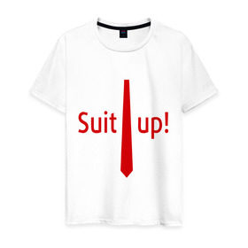 Мужская футболка хлопок с принтом Suit Up. (Приоденься) в Новосибирске, 100% хлопок | прямой крой, круглый вырез горловины, длина до линии бедер, слегка спущенное плечо. | suit up | приоденься