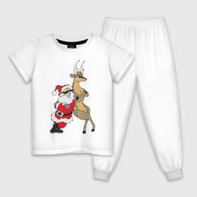 Детская пижама хлопок с принтом Крутой Мороз и Олень в Новосибирске, 100% хлопок |  брюки и футболка прямого кроя, без карманов, на брюках мягкая резинка на поясе и по низу штанин
 | new year | дед мороз | мороз | нг | олень | санта | санта клаус