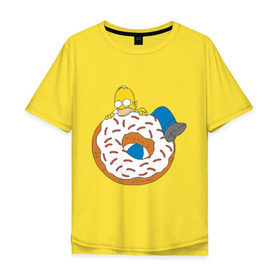 Мужская футболка хлопок Oversize с принтом Гомер ест пончик в Новосибирске, 100% хлопок | свободный крой, круглый ворот, “спинка” длиннее передней части | гомер