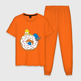 Мужская пижама хлопок с принтом Гомер ест пончик в Новосибирске, 100% хлопок | брюки и футболка прямого кроя, без карманов, на брюках мягкая резинка на поясе и по низу штанин
 | гомер