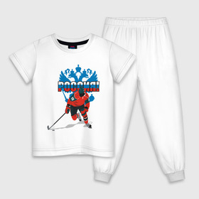 Детская пижама хлопок с принтом Россия(4) в Новосибирске, 100% хлопок |  брюки и футболка прямого кроя, без карманов, на брюках мягкая резинка на поясе и по низу штанин
 | национальная лига | нхл | россия | хокей | хоккей | хоккейная лига | хоккейный клуб