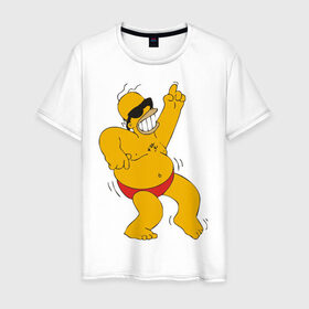 Мужская футболка хлопок с принтом Гомер симпсон танцует в Новосибирске, 100% хлопок | прямой крой, круглый вырез горловины, длина до линии бедер, слегка спущенное плечо. | гомер