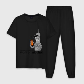 Мужская пижама хлопок с принтом Work on alcohol в Новосибирске, 100% хлопок | брюки и футболка прямого кроя, без карманов, на брюках мягкая резинка на поясе и по низу штанин
 | бендер | футурама