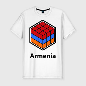 Мужская футболка премиум с принтом Кубик – Армения в Новосибирске, 92% хлопок, 8% лайкра | приталенный силуэт, круглый вырез ворота, длина до линии бедра, короткий рукав | армения | армяне | армянин | ереван | кубик | кубик рубик | флаг | флаг армении в магическом кубике.armenia