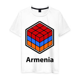 Мужская футболка хлопок с принтом Кубик – Армения в Новосибирске, 100% хлопок | прямой крой, круглый вырез горловины, длина до линии бедер, слегка спущенное плечо. | Тематика изображения на принте: армения | армяне | армянин | ереван | кубик | кубик рубик | флаг | флаг армении в магическом кубике.armenia