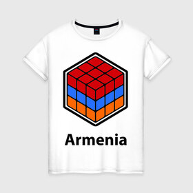 Женская футболка хлопок с принтом Кубик – Армения в Новосибирске, 100% хлопок | прямой крой, круглый вырез горловины, длина до линии бедер, слегка спущенное плечо | армения | армяне | армянин | ереван | кубик | кубик рубик | флаг | флаг армении в магическом кубике.armenia