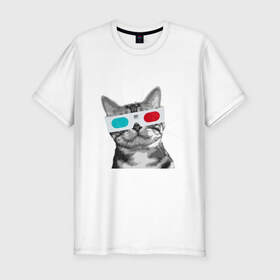 Мужская футболка премиум с принтом Кот в стереоочках в Новосибирске, 92% хлопок, 8% лайкра | приталенный силуэт, круглый вырез ворота, длина до линии бедра, короткий рукав | анаглифы | кот | коты | кошки | стерео очки