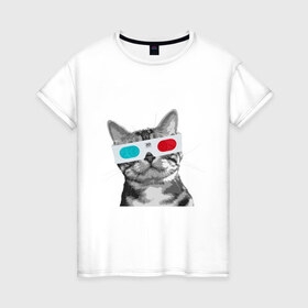 Женская футболка хлопок с принтом Кот в стереоочках в Новосибирске, 100% хлопок | прямой крой, круглый вырез горловины, длина до линии бедер, слегка спущенное плечо | анаглифы | кот | коты | кошки | стерео очки