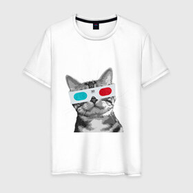 Мужская футболка хлопок с принтом Кот в стереоочках в Новосибирске, 100% хлопок | прямой крой, круглый вырез горловины, длина до линии бедер, слегка спущенное плечо. | анаглифы | кот | коты | кошки | стерео очки