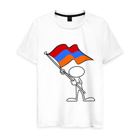 Мужская футболка хлопок с принтом Армения (человек с флагом) в Новосибирске, 100% хлопок | прямой крой, круглый вырез горловины, длина до линии бедер, слегка спущенное плечо. | armenia | армении | армения | армяне | армянин | армянка | ереван | флаг