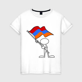 Женская футболка хлопок с принтом Армения (человек с флагом) в Новосибирске, 100% хлопок | прямой крой, круглый вырез горловины, длина до линии бедер, слегка спущенное плечо | armenia | армении | армения | армяне | армянин | армянка | ереван | флаг