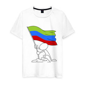 Мужская футболка хлопок с принтом Дагестан (человек с флагом) в Новосибирске, 100% хлопок | прямой крой, круглый вырез горловины, длина до линии бедер, слегка спущенное плечо. | 05 регион | даг | дагестан | даги | кавказ | кавказский | кавказцы | флаг