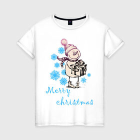 Женская футболка хлопок с принтом NewYear (2) в Новосибирске, 100% хлопок | прямой крой, круглый вырез горловины, длина до линии бедер, слегка спущенное плечо | Тематика изображения на принте: 2012 | new year | год дракона | нг | новогодний | новый 2012 | новый год | подарок | снеговик | снеговичок | снежинки