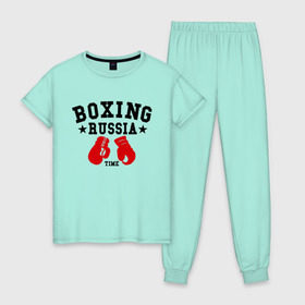 Женская пижама хлопок с принтом Boxing Russia time в Новосибирске, 100% хлопок | брюки и футболка прямого кроя, без карманов, на брюках мягкая резинка на поясе и по низу штанин | boxing | boxing russia time | kickboxing | mix fight | бокс | боксер | кик бокс | кикбокс