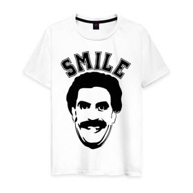Мужская футболка хлопок с принтом Борат-smile в Новосибирске, 100% хлопок | прямой крой, круглый вырез горловины, длина до линии бедер, слегка спущенное плечо. | borat smileкавказ | борат | борат smile | кавказцы
