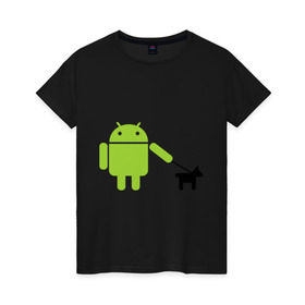 Женская футболка хлопок с принтом Android с собакой в Новосибирске, 100% хлопок | прямой крой, круглый вырез горловины, длина до линии бедер, слегка спущенное плечо | Тематика изображения на принте: android | админу | андроид | прикольные | собака