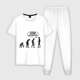 Мужская пижама хлопок с принтом Stop following me в Новосибирске, 100% хлопок | брюки и футболка прямого кроя, без карманов, на брюках мягкая резинка на поясе и по низу штанин
 | за мной | люди | неандертальцы | пещерные | преследовать | хватит | ходить | человек | эволюция