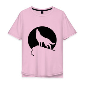 Мужская футболка хлопок Oversize с принтом Волк на фоне Луны в Новосибирске, 100% хлопок | свободный крой, круглый ворот, “спинка” длиннее передней части | волк | животные | луна | утес | хищник