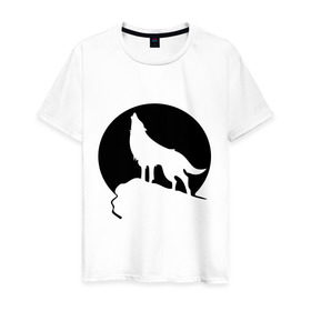 Мужская футболка хлопок с принтом Волк на фоне Луны в Новосибирске, 100% хлопок | прямой крой, круглый вырез горловины, длина до линии бедер, слегка спущенное плечо. | волк | животные | луна | утес | хищник