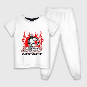 Детская пижама хлопок с принтом Жаркий лёд хоккея в Новосибирске, 100% хлопок |  брюки и футболка прямого кроя, без карманов, на брюках мягкая резинка на поясе и по низу штанин
 | ice hockey | жаркий дед | огонь | пламя | хоккеист | хоккей | шайба