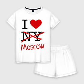 Женская пижама с шортиками хлопок с принтом I love Moscow (2) в Новосибирске, 100% хлопок | футболка прямого кроя, шорты свободные с широкой мягкой резинкой | i love | i love moscow | i love new york | moscow | new york | москва | нью йорк | столица | я люблю москву | я люблю нью йорк