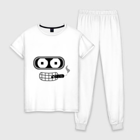 Женская пижама хлопок с принтом Bender в Новосибирске, 100% хлопок | брюки и футболка прямого кроя, без карманов, на брюках мягкая резинка на поясе и по низу штанин | bender | benderмультик | futurama | бендер | мультфильм | футурама