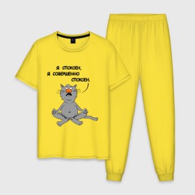 Мужская пижама хлопок с принтом Кошак-йог в Новосибирске, 100% хлопок | брюки и футболка прямого кроя, без карманов, на брюках мягкая резинка на поясе и по низу штанин
 | Тематика изображения на принте: йог | йога | кот | кошка | спокойствие | я спокоен