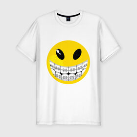 Мужская футболка премиум с принтом Смайл с брекетами в Новосибирске, 92% хлопок, 8% лайкра | приталенный силуэт, круглый вырез ворота, длина до линии бедра, короткий рукав | smile | брекеты | зубы | смайл | смайлик | улыбка