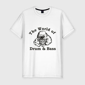 Мужская футболка премиум с принтом The World of Drum & Bass в Новосибирске, 92% хлопок, 8% лайкра | приталенный силуэт, круглый вырез ворота, длина до линии бедра, короткий рукав | dnb | бас | драм | клоун | мир драм и бас