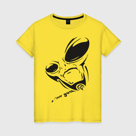 Женская футболка хлопок с принтом Alien I see you в Новосибирске, 100% хлопок | прямой крой, круглый вырез горловины, длина до линии бедер, слегка спущенное плечо | alien | i see you | гуманоиды | инопланетянин | летающая тарелка | нло | пришельцы | я тебя вижу