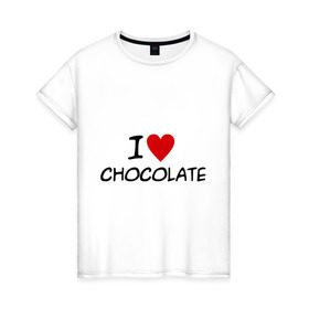 Женская футболка хлопок с принтом Chocolate в Новосибирске, 100% хлопок | прямой крой, круглый вырез горловины, длина до линии бедер, слегка спущенное плечо | chocolate | i love | вкуснятина | конфеты | люблю шоколад | сладкое | сладкоежка | сладости | шоколад | шоколадный