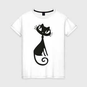 Женская футболка хлопок с принтом Кошка с хвостом в Новосибирске, 100% хлопок | прямой крой, круглый вырез горловины, длина до линии бедер, слегка спущенное плечо | киса | кошка | кошки | хвост | хвостик