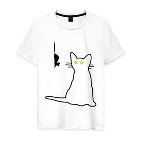 Мужская футболка хлопок с принтом Кот и мышка в Новосибирске, 100% хлопок | прямой крой, круглый вырез горловины, длина до линии бедер, слегка спущенное плечо. | киса | кот | котенок | котик | котэ | кошак | кошка | мышка | мышонок | мышь