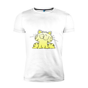 Мужская футболка премиум с принтом Довольный кот улыбается в Новосибирске, 92% хлопок, 8% лайкра | приталенный силуэт, круглый вырез ворота, длина до линии бедра, короткий рукав | довольный кот | кот | котенок | коты | котя | улыбка