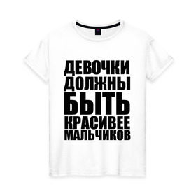 Женская футболка хлопок с принтом Девочки должны в Новосибирске, 100% хлопок | прямой крой, круглый вырез горловины, длина до линии бедер, слегка спущенное плечо | девочка | девочки | красивая | красивее | красота | мальчик | мальчики | отношения | сравнение