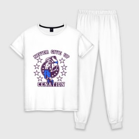 Женская пижама хлопок с принтом WWE John Cena Never Give Up в Новосибирске, 100% хлопок | брюки и футболка прямого кроя, без карманов, на брюках мягкая резинка на поясе и по низу штанин | wwe | бои без правил | джон сина