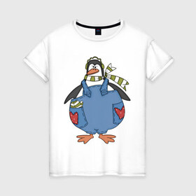 Женская футболка хлопок с принтом Летний пингвин в Новосибирске, 100% хлопок | прямой крой, круглый вырез горловины, длина до линии бедер, слегка спущенное плечо | 