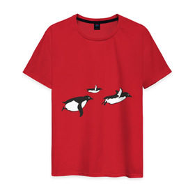 Мужская футболка хлопок с принтом Пингвины улетают в Новосибирске, 100% хлопок | прямой крой, круглый вырез горловины, длина до линии бедер, слегка спущенное плечо. | арктика | животные | пингвины полетели.пингвины | птицы