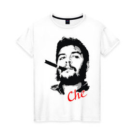 Женская футболка хлопок с принтом Че Гевара с сигарой в Новосибирске, 100% хлопок | прямой крой, круглый вырез горловины, длина до линии бедер, слегка спущенное плечо | che | guevara | гевара | куба | личность | революция | че