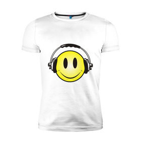 Мужская футболка премиум с принтом Смайл в наушниках (2) в Новосибирске, 92% хлопок, 8% лайкра | приталенный силуэт, круглый вырез ворота, длина до линии бедра, короткий рукав | smile | смайл | смайлик | улыбка | шаушники