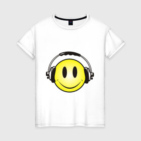 Женская футболка хлопок с принтом Смайл в наушниках (2) в Новосибирске, 100% хлопок | прямой крой, круглый вырез горловины, длина до линии бедер, слегка спущенное плечо | smile | смайл | смайлик | улыбка | шаушники