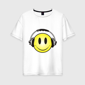 Женская футболка хлопок Oversize с принтом Смайл в наушниках (2) в Новосибирске, 100% хлопок | свободный крой, круглый ворот, спущенный рукав, длина до линии бедер
 | smile | смайл | смайлик | улыбка | шаушники