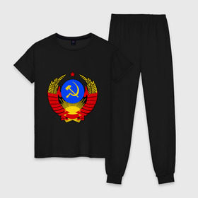 Женская пижама хлопок с принтом СССР (5) в Новосибирске, 100% хлопок | брюки и футболка прямого кроя, без карманов, на брюках мягкая резинка на поясе и по низу штанин | герб | коммунизм | молот | серп | советский | союз | ссср